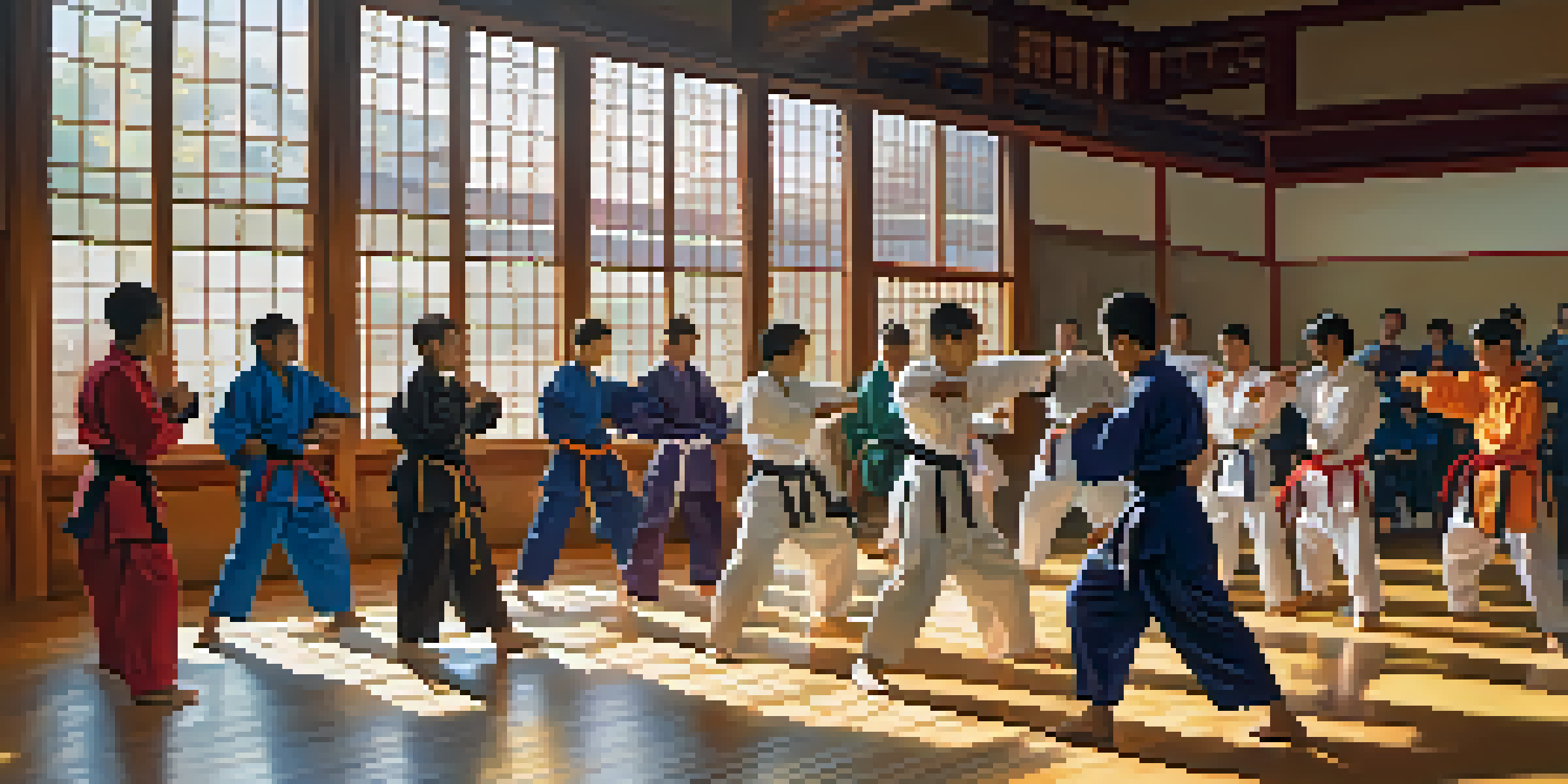 A dojo with diverse martial arts students training together under bright sunlight, showcasing teamwork and camaraderie.