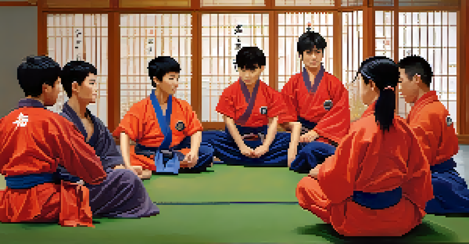 A martial arts team in a huddle with their coach, preparing for a competition.