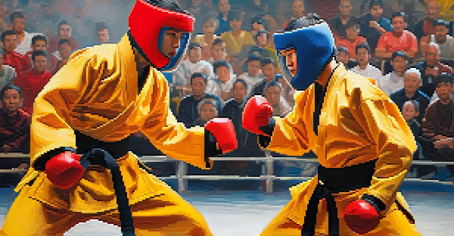 Two martial artists sparring in a competition, focused and determined, with an audience blurred in the background.