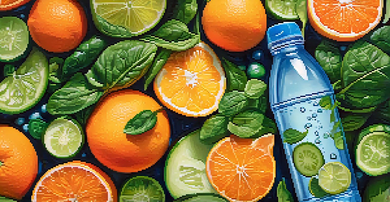 A close-up of a water bottle surrounded by fresh fruits and vegetables, emphasizing hydration for athletes.