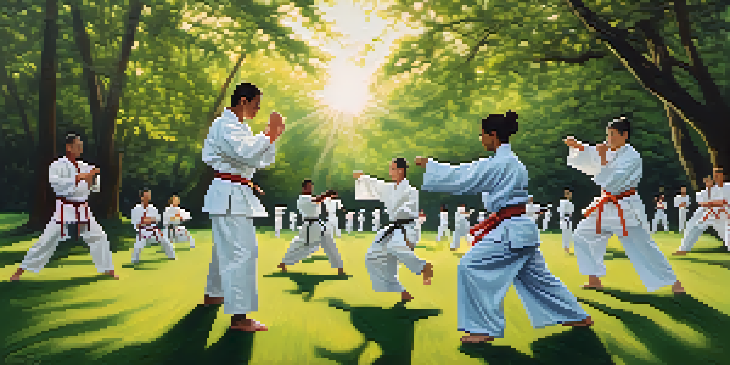 A diverse group of individuals practicing self-defense techniques in a sunny park, surrounded by trees and green grass.