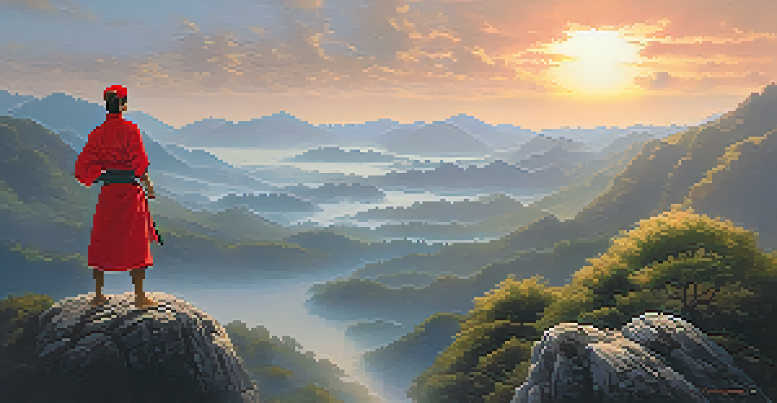 A cartoon character in a red outfit standing on a mountain peak at sunrise, symbolizing empowerment and resilience.