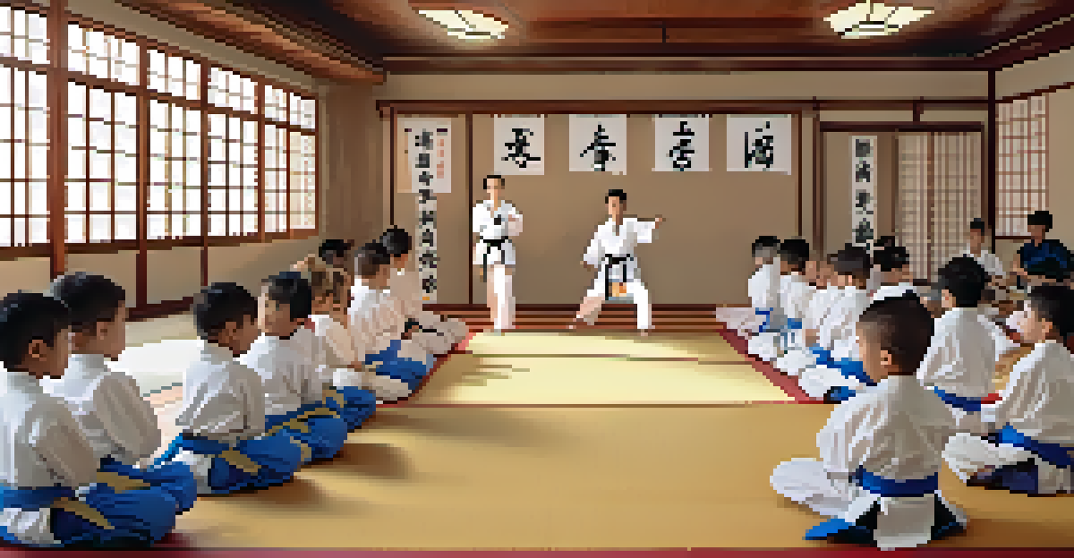 Children attending a martial arts class, watching an instructor demonstrate a technique in a colorful dojo setting.