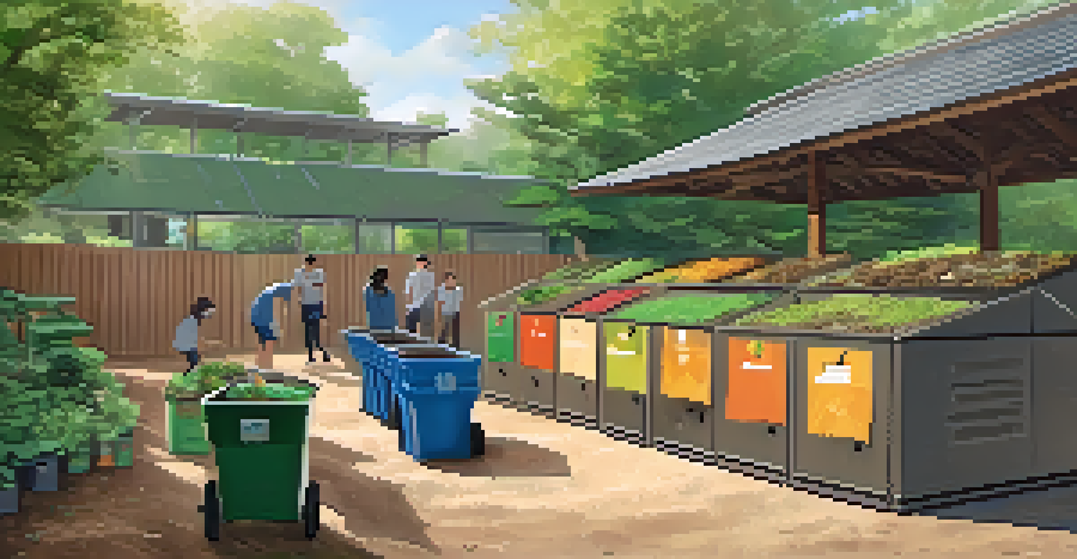 Students sorting organic waste into a compost bin next to a dojo, surrounded by greenery.
