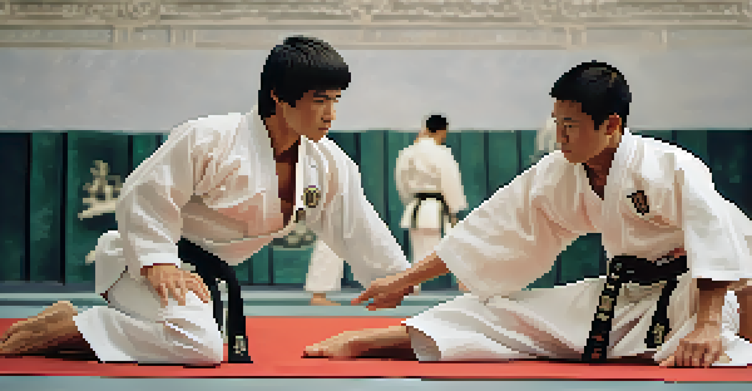 A close-up of two martial artists bowing to each other, illustrating respect, with their uniforms and expressions in sharp focus.