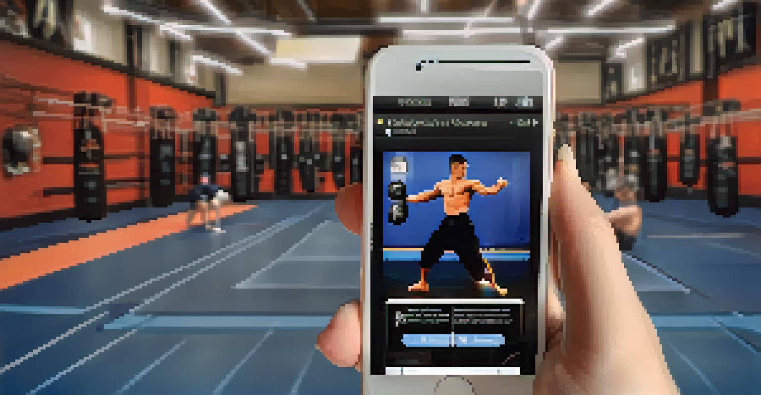 A close-up of a smartphone showing a martial arts training app with a video demonstration in a gym.