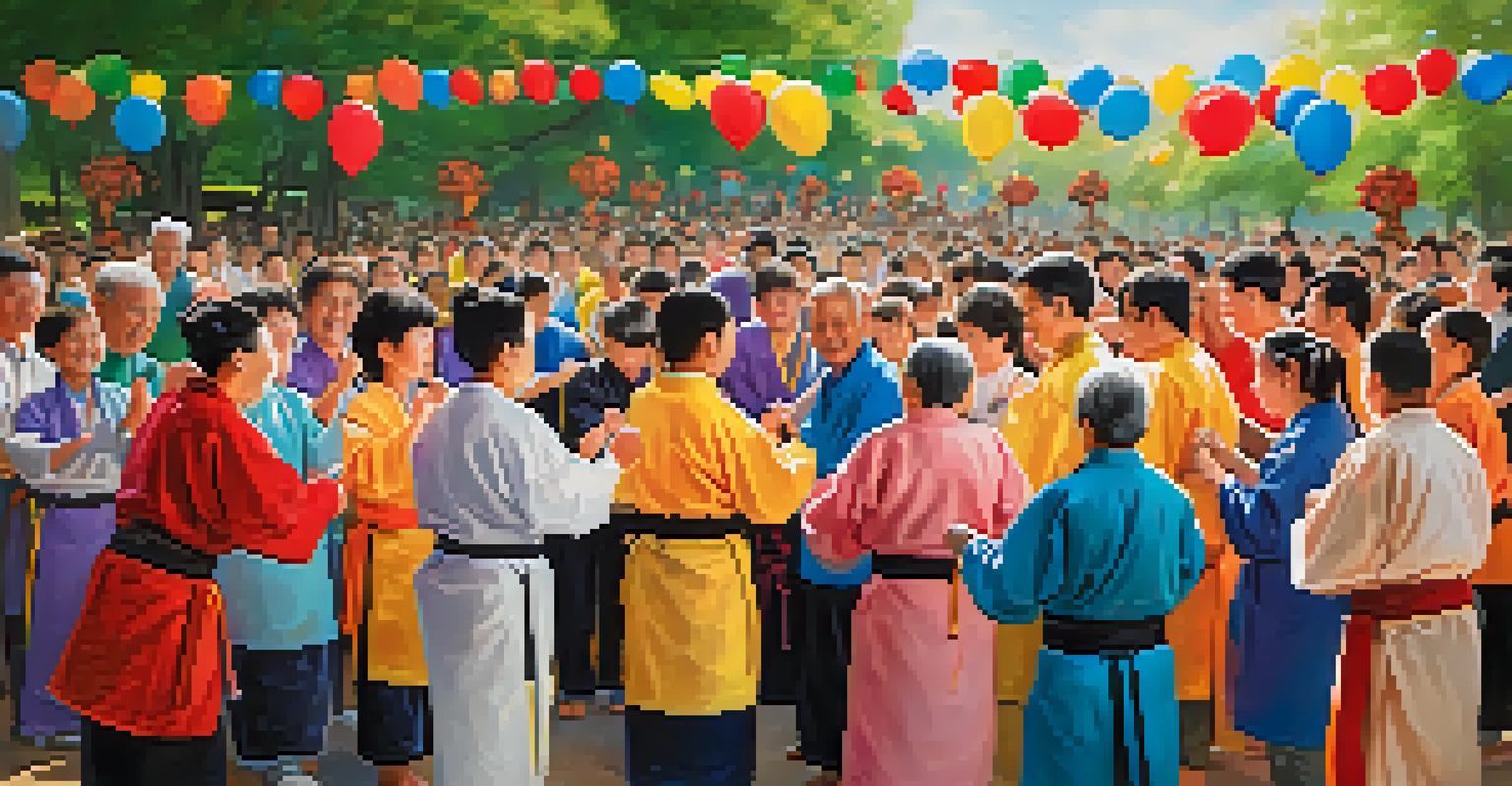 Seniors celebrating their achievements in martial arts with family and friends at an outdoor ceremony.