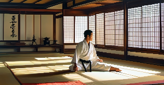 A martial arts dojo with a practitioner in a white gi performing kata, illuminated by sunlight through shoji screens.