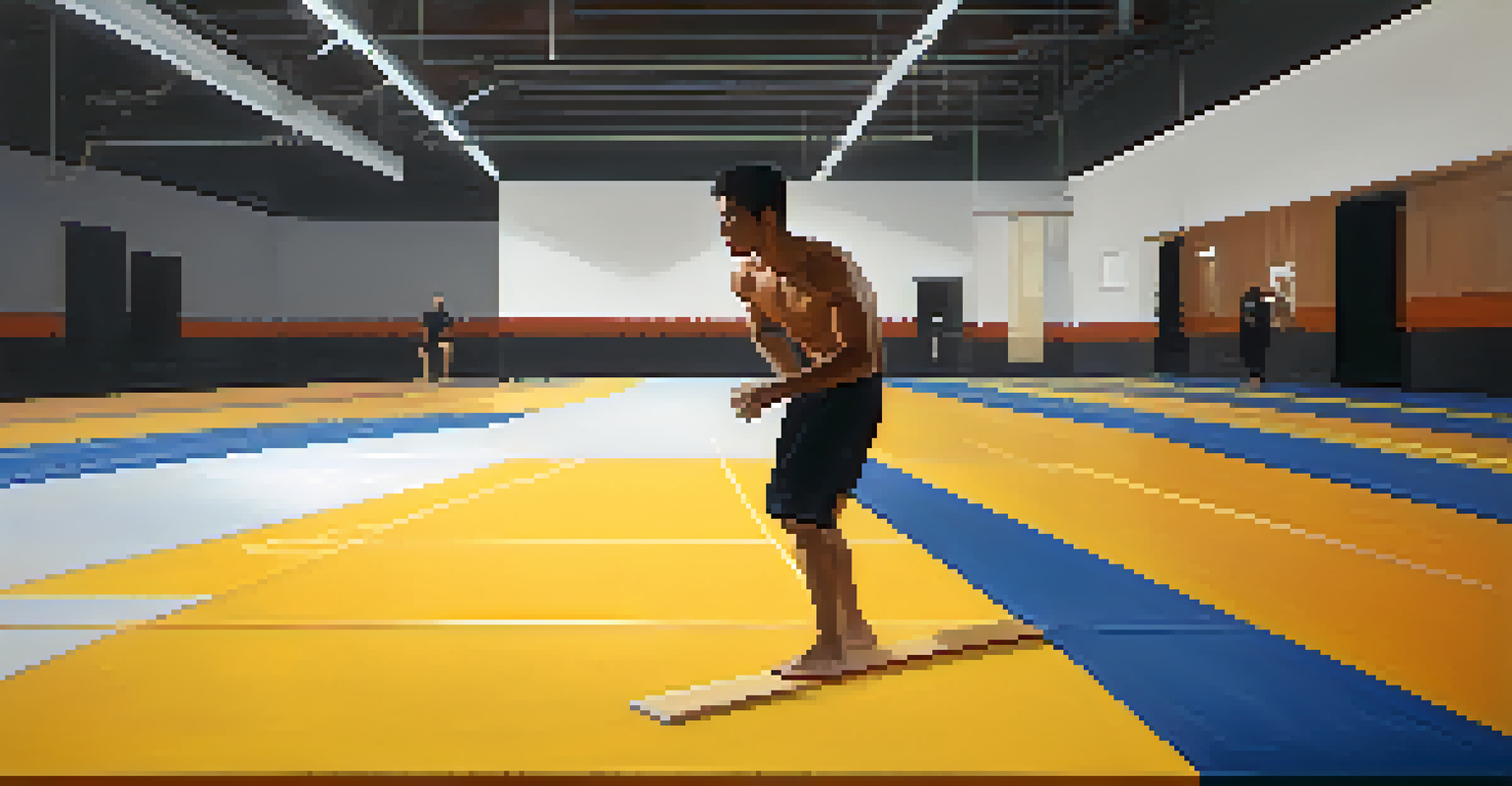 A martial artist practicing footwork drills on an agility ladder in a minimalistic gym.