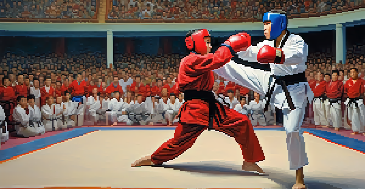 Two martial artists engaged in a sparring match on a padded mat, showcasing dynamic movements.