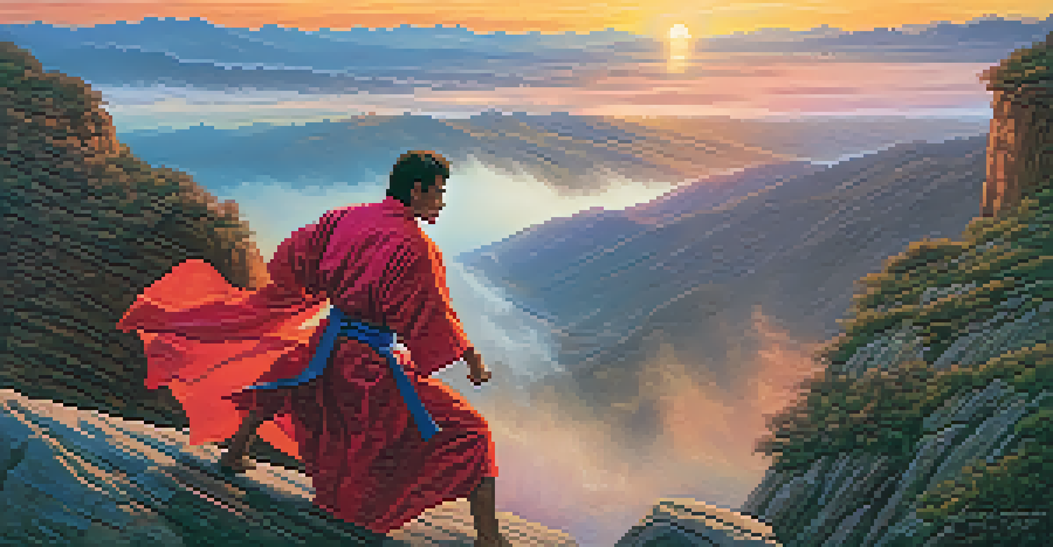 Two martial arts heroes face off on a cliff during a colorful sunset.