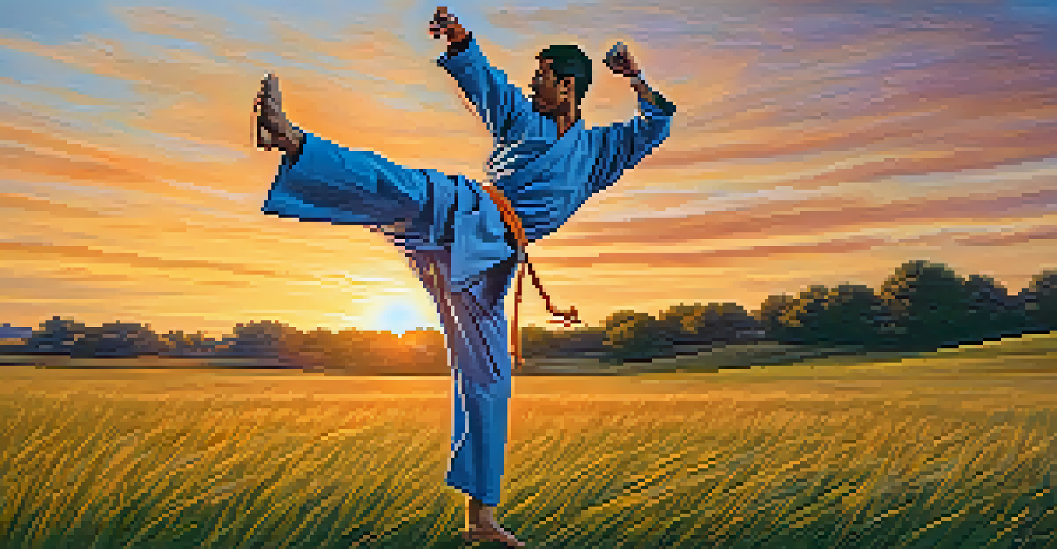A martial artist executing a roundhouse kick against a sunset backdrop, capturing the motion and vibrant colors.