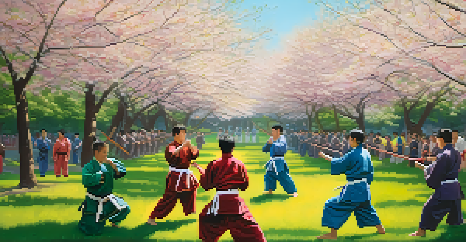 A diverse group of martial artists training in a park, surrounded by cherry blossom trees, showcasing community and teamwork.