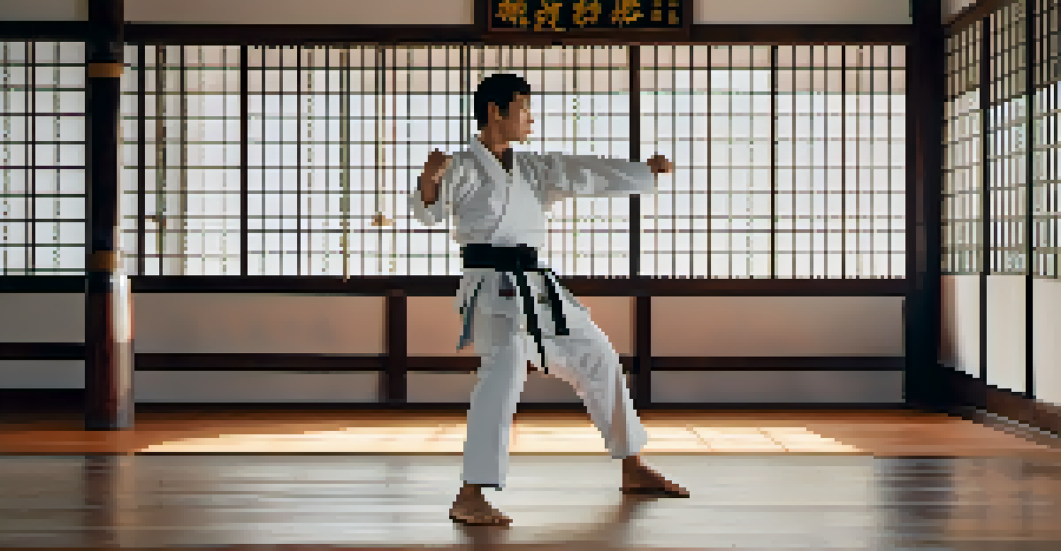 A close-up of a person in a traditional martial arts uniform demonstrating a basic fighting stance in a dojo, with wooden flooring and soft lighting in the background.