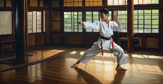 A martial artist performing a high kick in a dojo, with sunlight illuminating the scene.