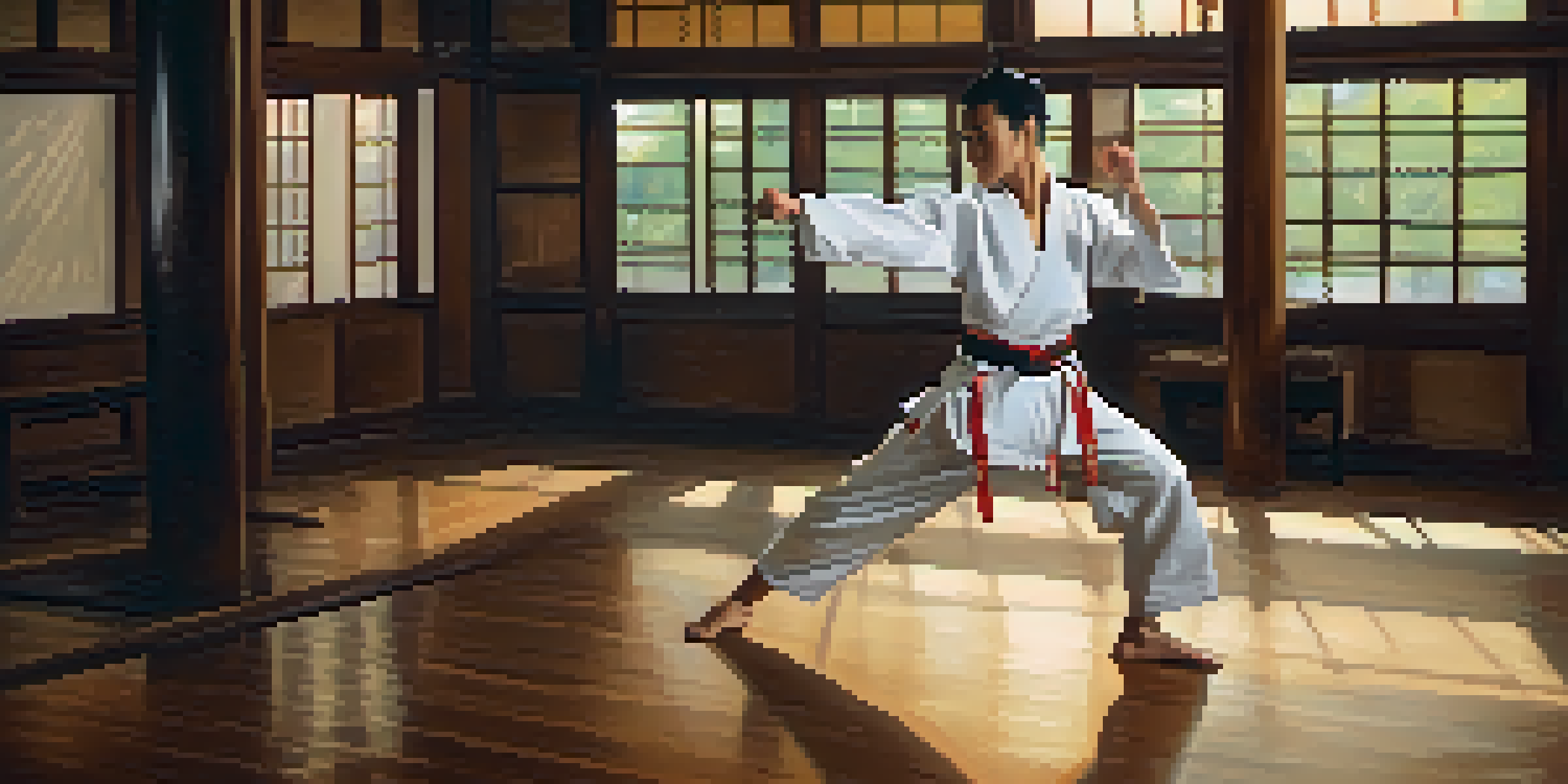 A martial artist performing a high kick in a dojo, with sunlight illuminating the scene.