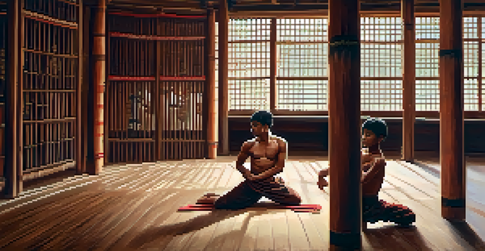A martial artist practicing Kalaripayattu in a traditional dojo with natural light and ancient murals.