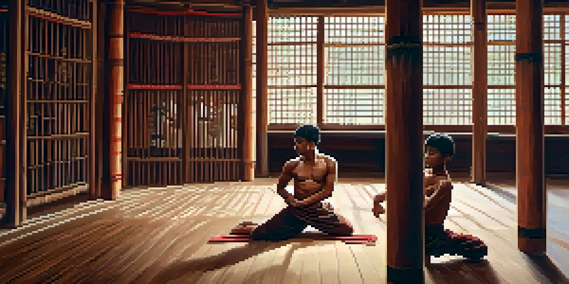 A martial artist practicing Kalaripayattu in a traditional dojo with natural light and ancient murals.