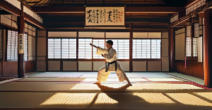 A martial artist practicing a high kick in a traditional dojo, with soft sunlight filtering through the windows.