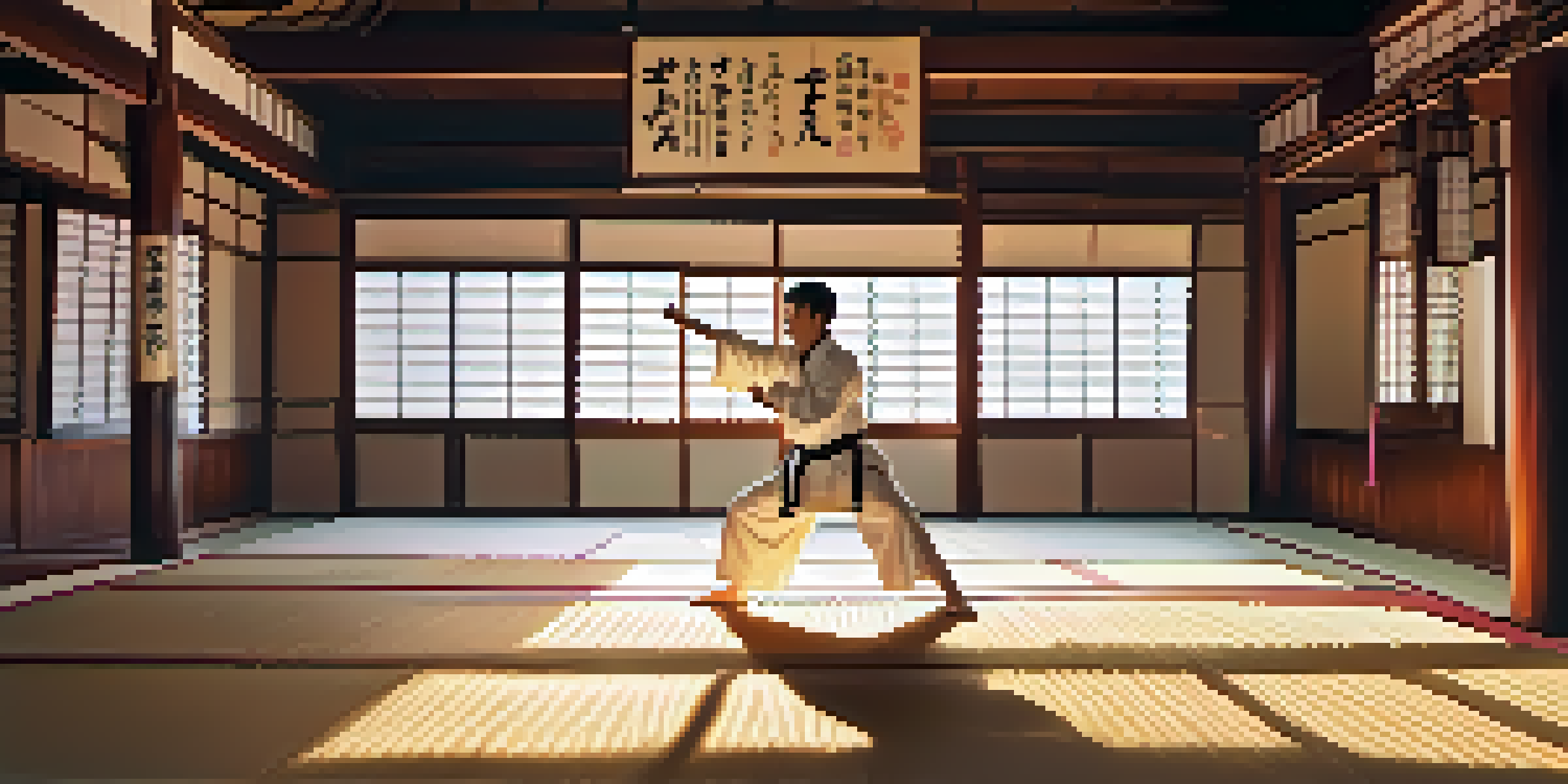 A martial artist practicing a high kick in a traditional dojo, with soft sunlight filtering through the windows.