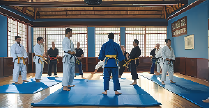 A dojo filled with practitioners of various backgrounds sparring in Brazilian Jiu-Jitsu, with natural light brightening the space.