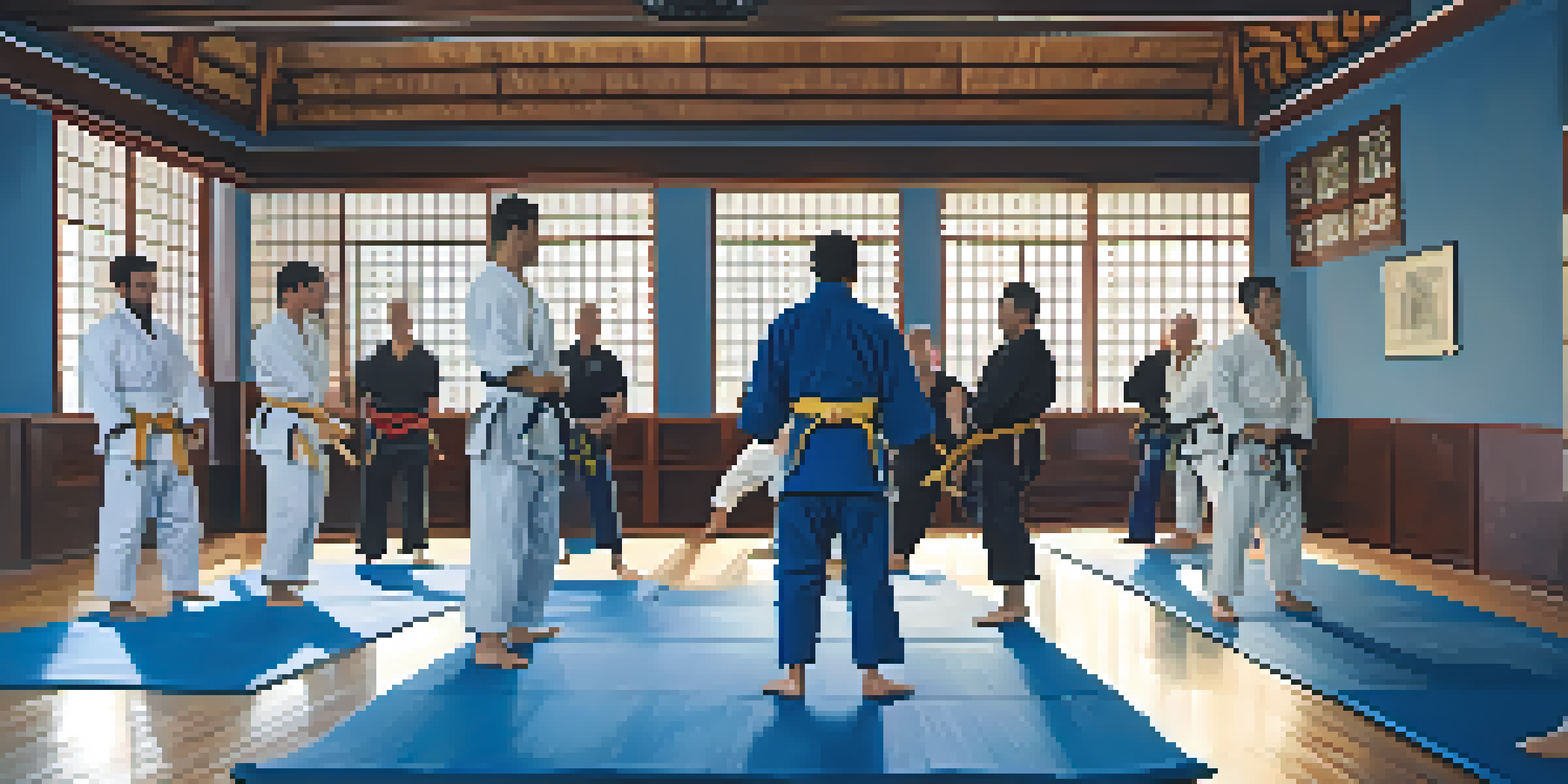 A dojo filled with practitioners of various backgrounds sparring in Brazilian Jiu-Jitsu, with natural light brightening the space.