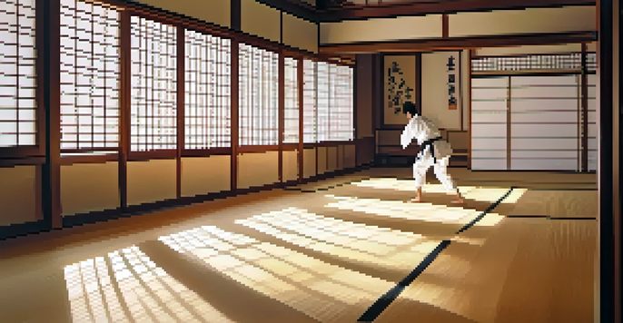 A peaceful martial arts dojo with a practitioner in a white gi performing a kata, illuminated by soft sunlight through shoji screens.