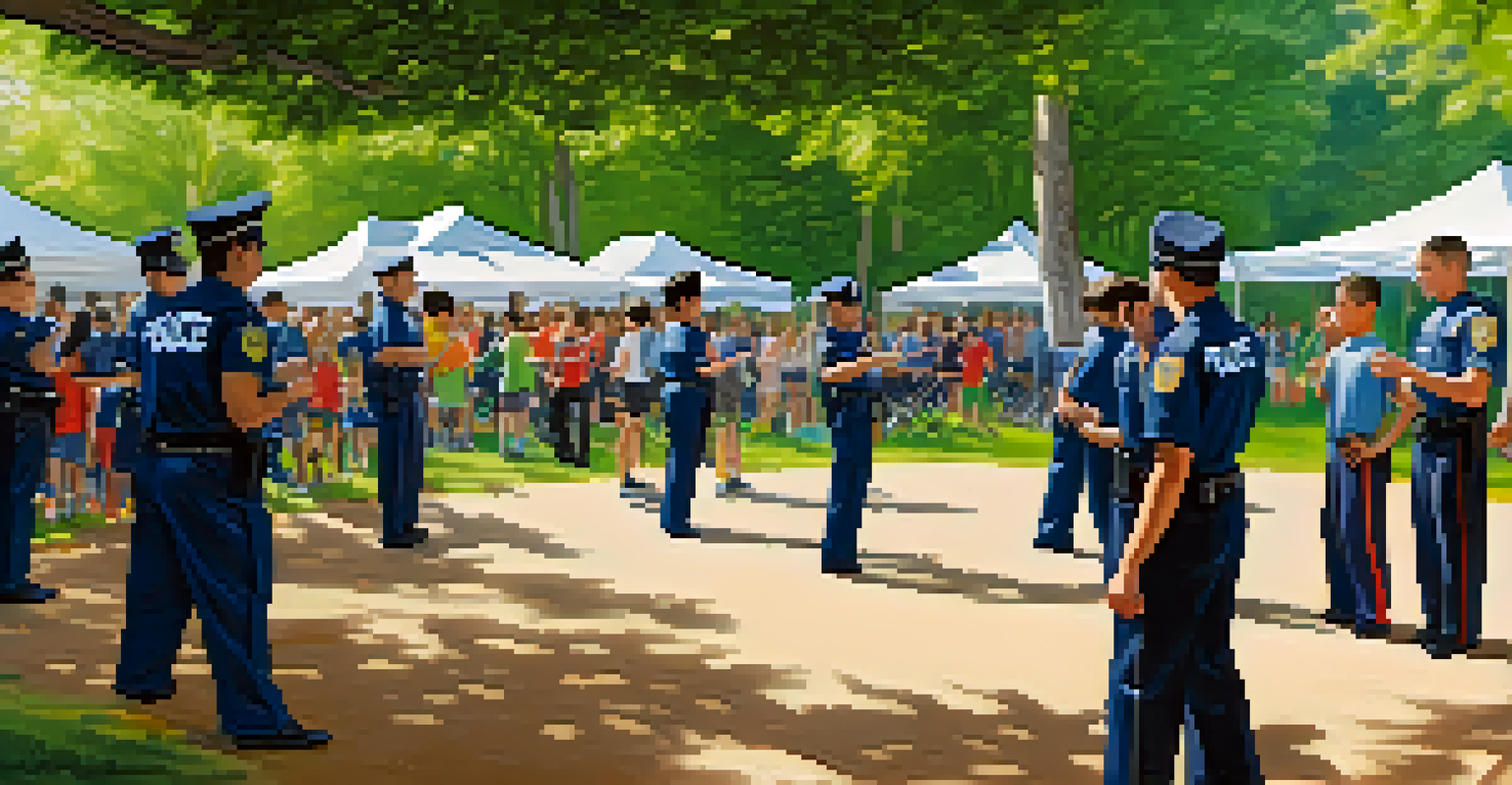 Police officers teaching martial arts to local youth in a sunny park, creating a vibrant community atmosphere.