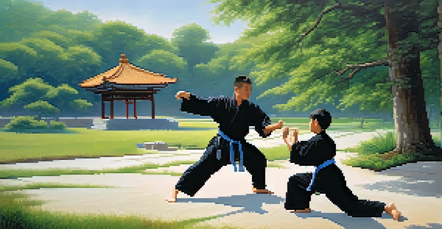 A martial arts instructor teaching a young student a technique outdoors, surrounded by greenery and a clear blue sky.
