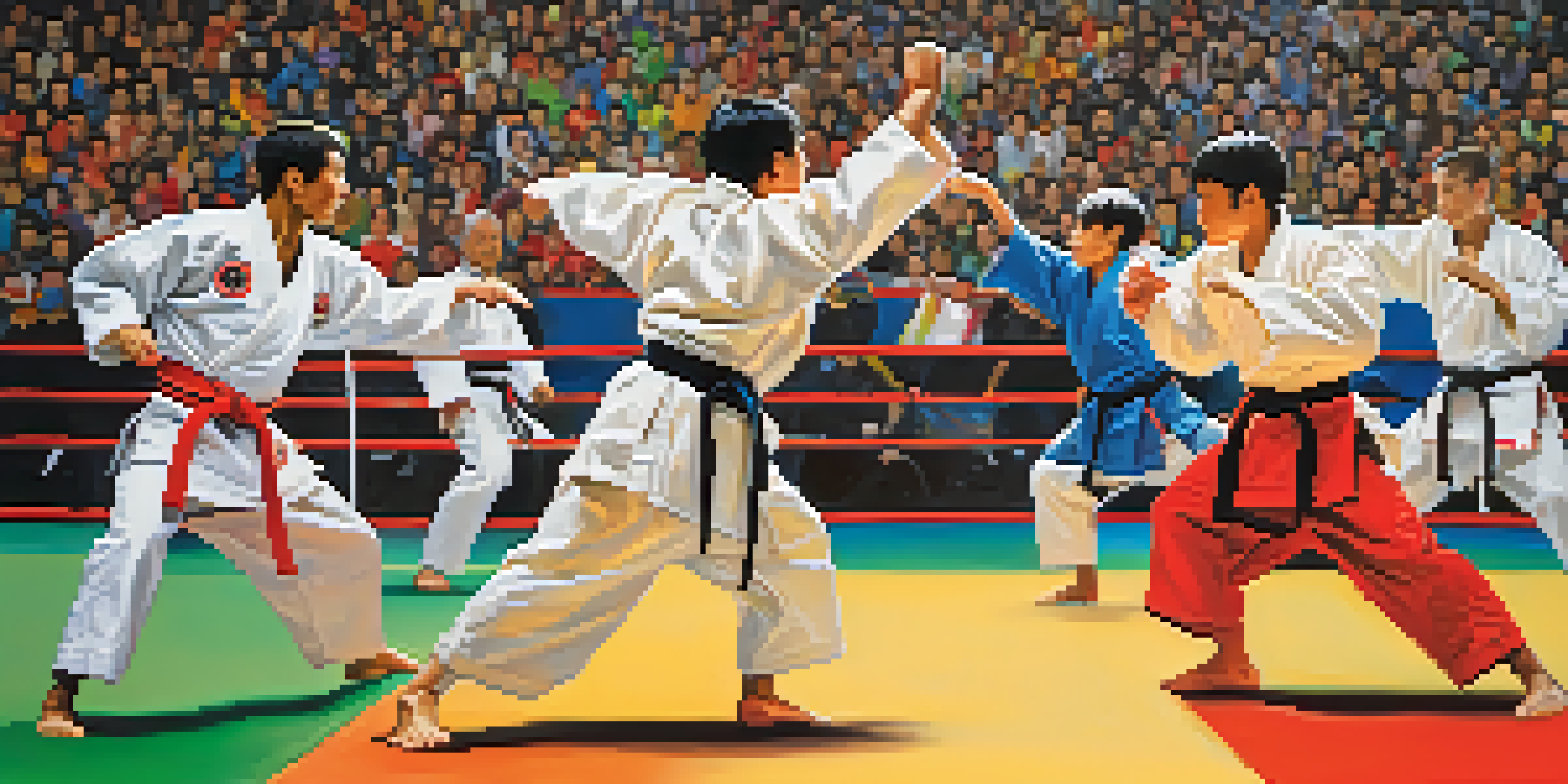 A diverse group of martial artists competing in an arena, surrounded by a cheering crowd, demonstrating various martial arts techniques.