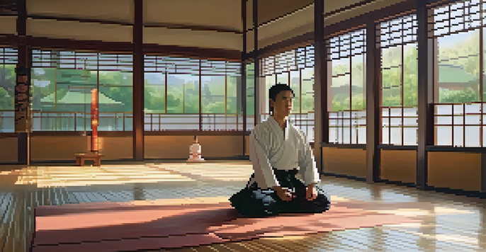 A practitioner in a martial arts dojo practicing focused breathing in a meditative pose, with wooden floors and natural light.