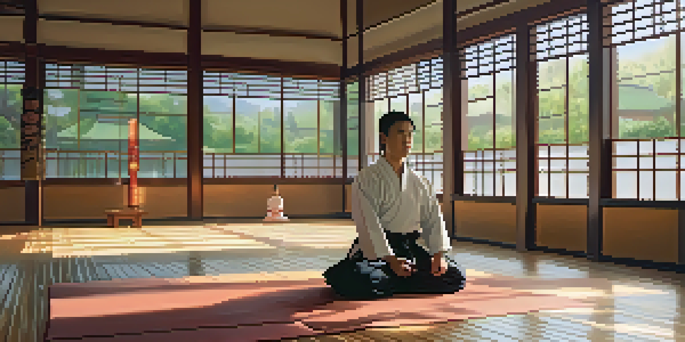 A practitioner in a martial arts dojo practicing focused breathing in a meditative pose, with wooden floors and natural light.