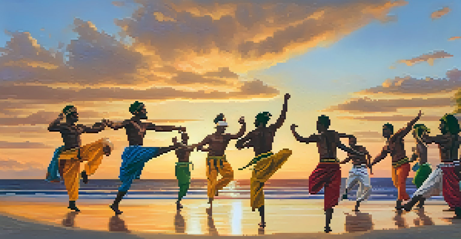 A lively capoeira performance on the beach at sunset, with performers in colorful outfits and traditional instruments.