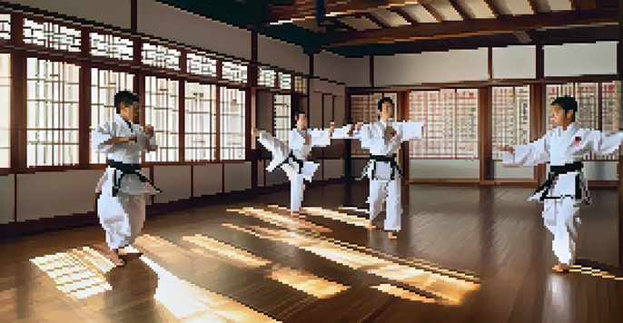 A peaceful martial arts dojo featuring students practicing techniques in traditional uniforms, with sunlight illuminating the scene and calligraphy on the walls.