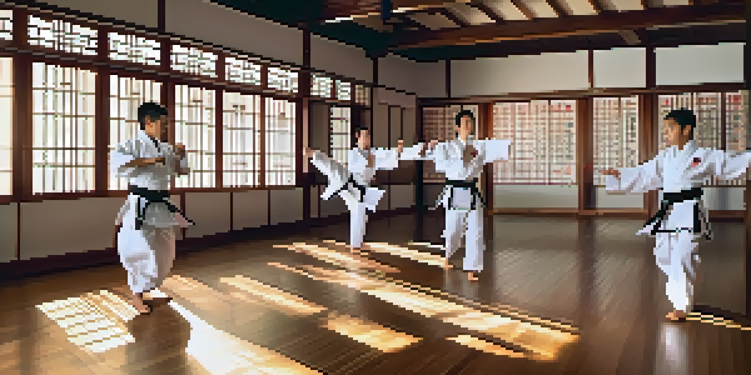 A peaceful martial arts dojo featuring students practicing techniques in traditional uniforms, with sunlight illuminating the scene and calligraphy on the walls.