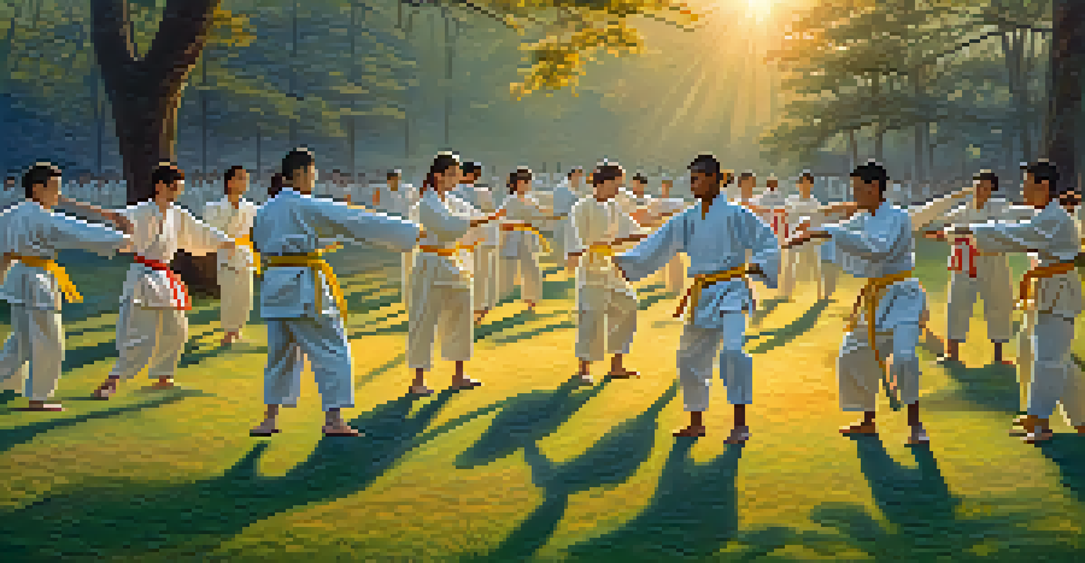 Martial artists training outdoors at sunrise, performing synchronized movements in a peaceful park setting.