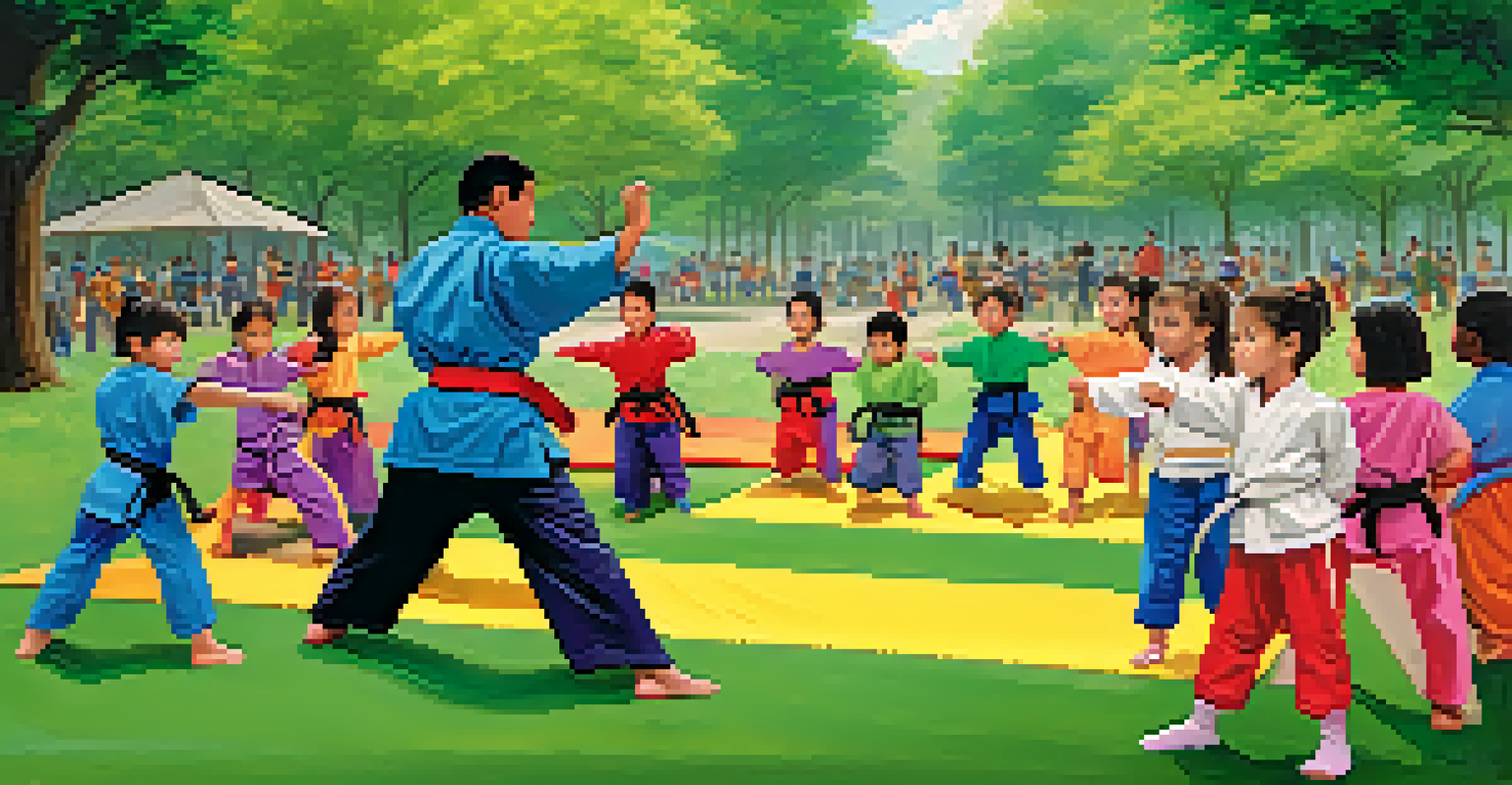 A diverse group of children learning self-defense techniques in a park from a skilled instructor, with colorful mats and greenery around them.