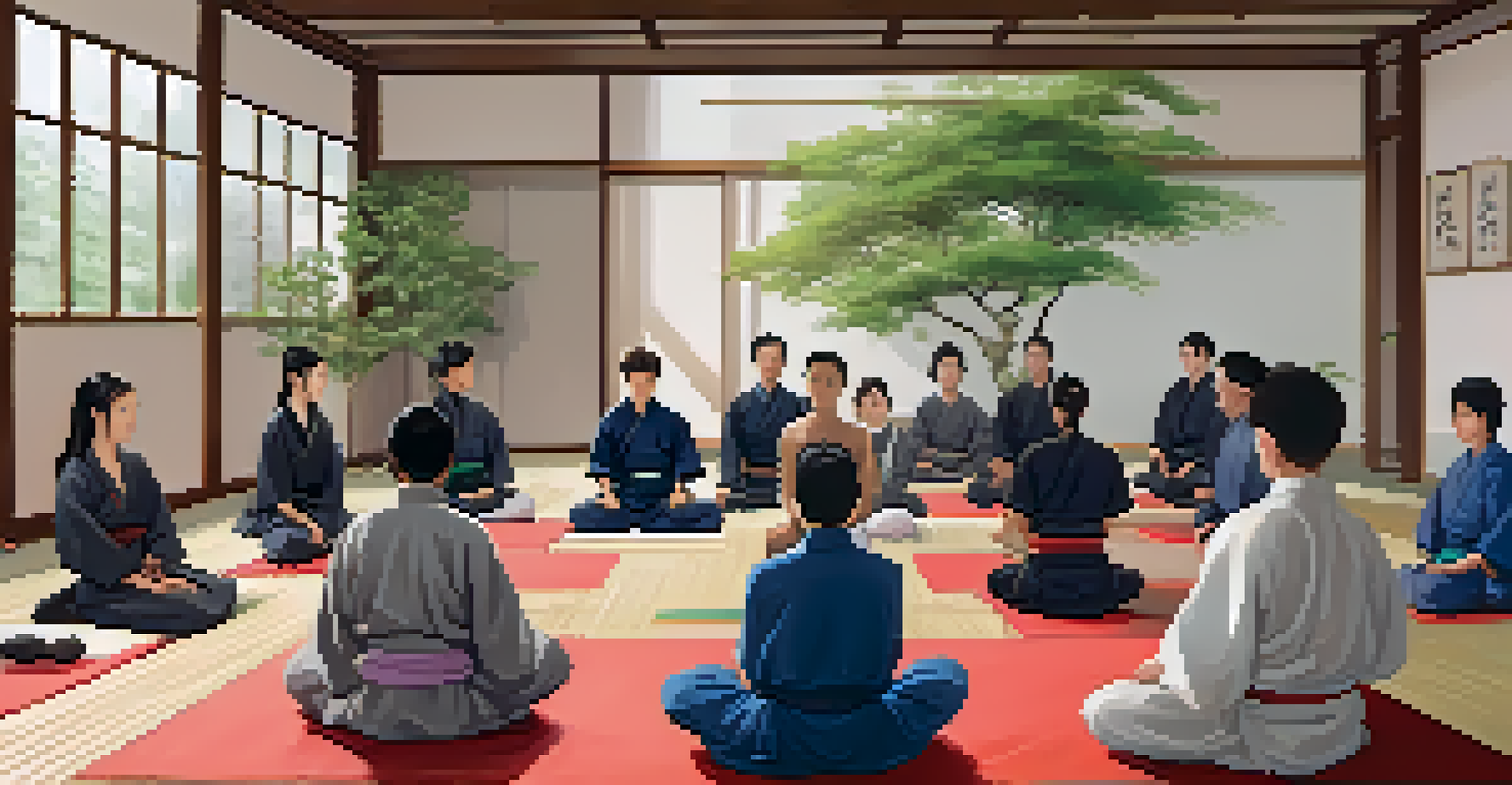 A group of martial arts students practicing mindfulness in a peaceful dojo environment.
