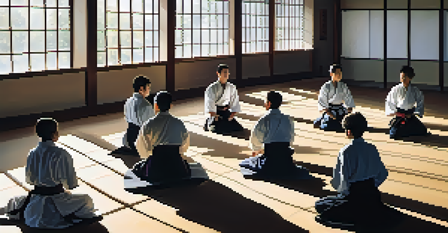 A diverse group of Aikido students training in a modern dojo with natural light, showcasing unity and respect.