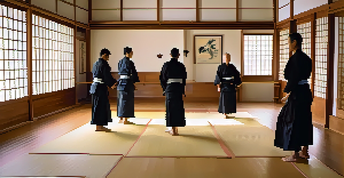 A peaceful Aikido dojo with practitioners demonstrating fluid movements, illuminated by soft light through shoji screens.