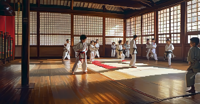 A group of children in colorful martial arts uniforms practicing kicks in a bright dojo with wooden floors and traditional symbols on the walls.