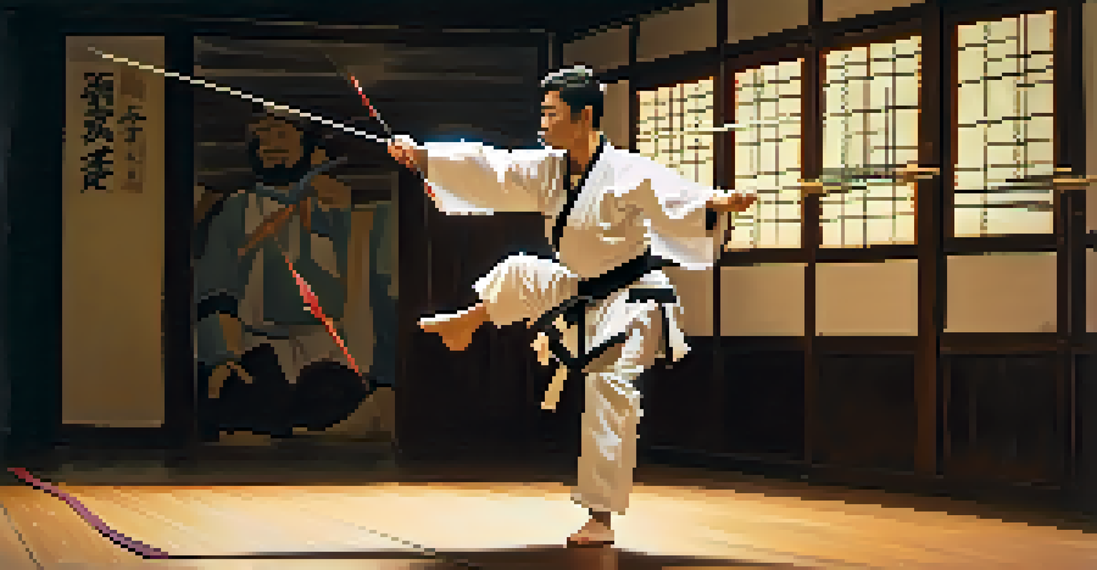 A martial artist performing a kick while aiming a bow and arrow in a traditional dojo, showcasing a blend of techniques.