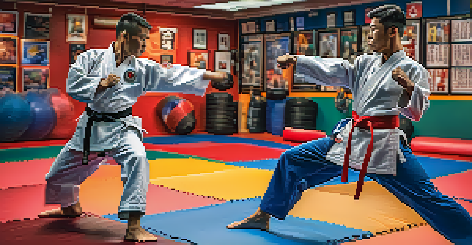 Two martial artists sparring on colorful training mats, demonstrating focus and dynamic movement.