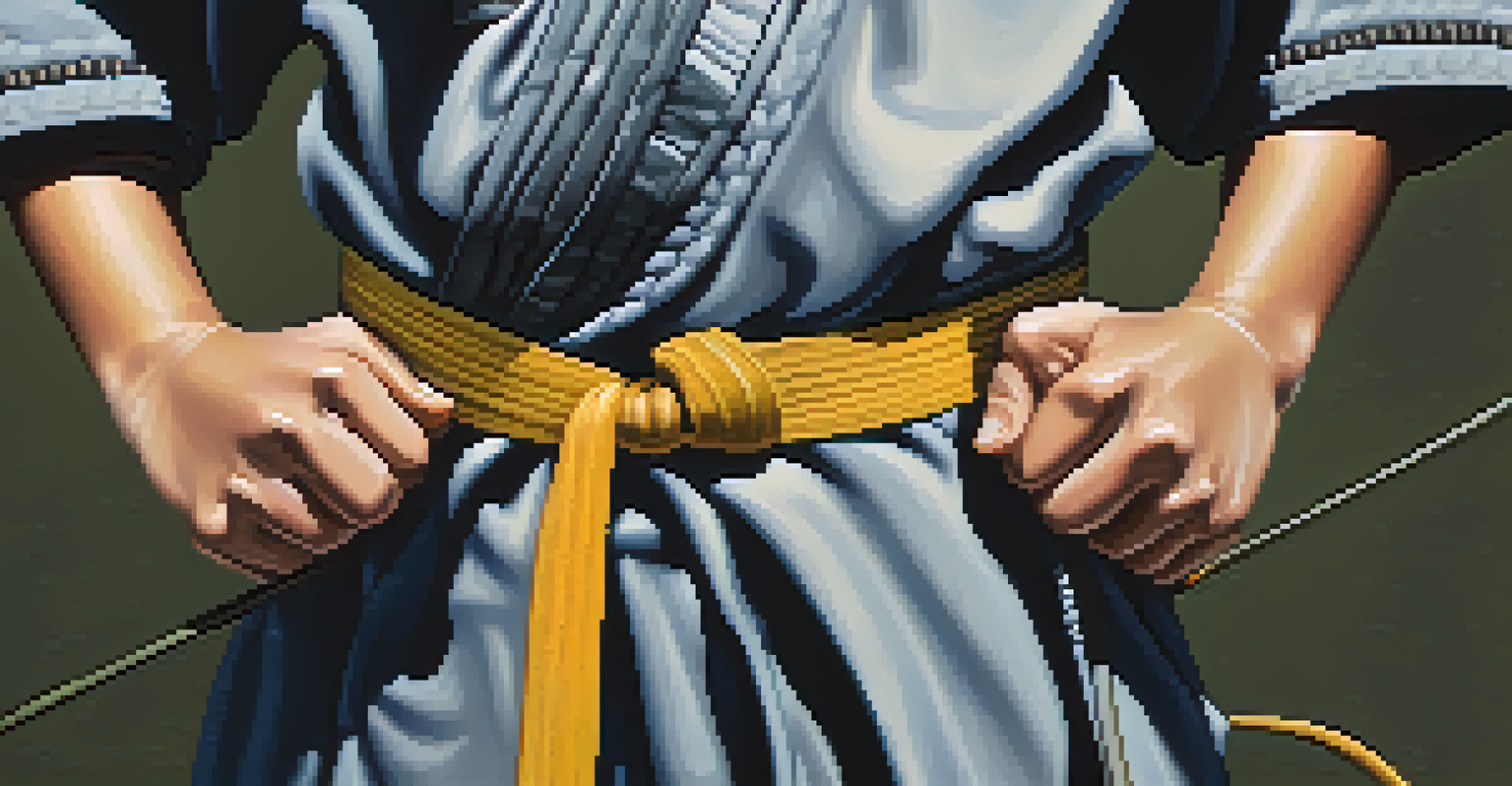 A young martial arts student tying their belt, emphasizing focus and determination.