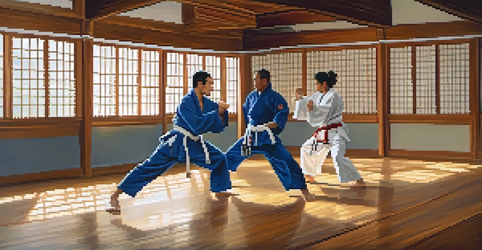 A diverse group of martial artists practicing in a dojo, featuring Brazilian Jiu-Jitsu, Taekwondo, and Karate practitioners.