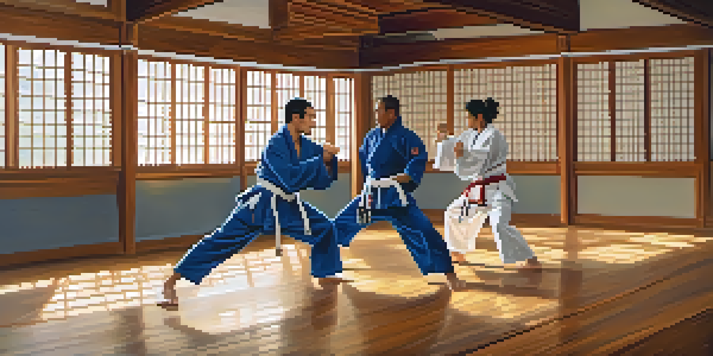 A diverse group of martial artists practicing in a dojo, featuring Brazilian Jiu-Jitsu, Taekwondo, and Karate practitioners.