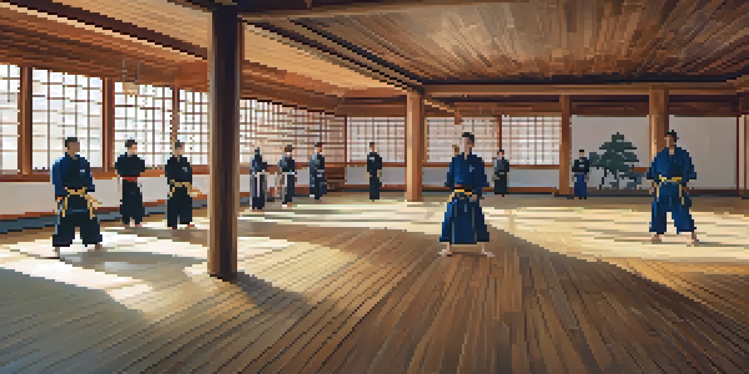 An interior view of a peaceful dojo with students practicing martial arts under soft natural light.