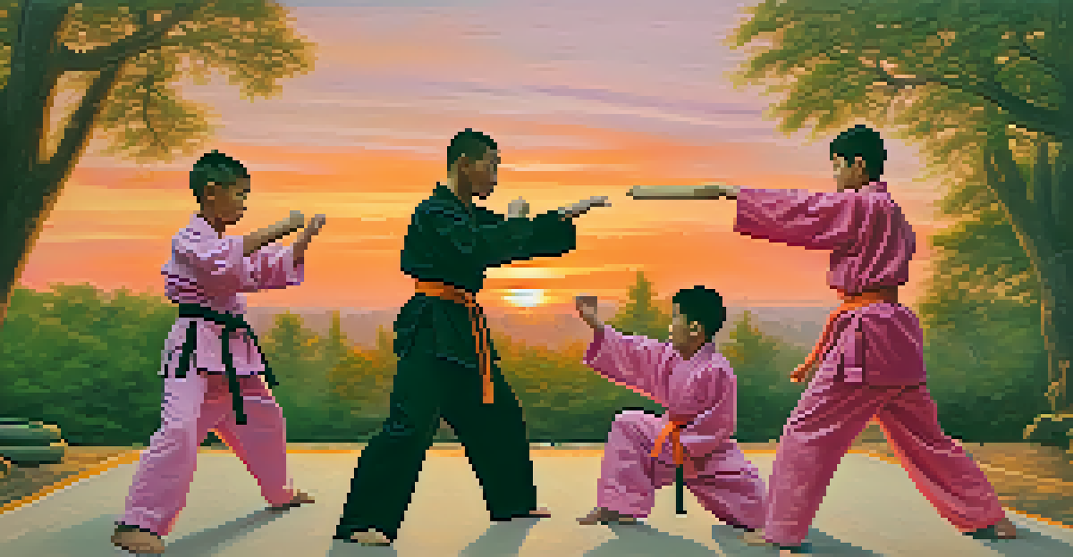 Youth practicing martial arts outdoors at sunset, displaying teamwork while sparring, with a colorful sky in the background.