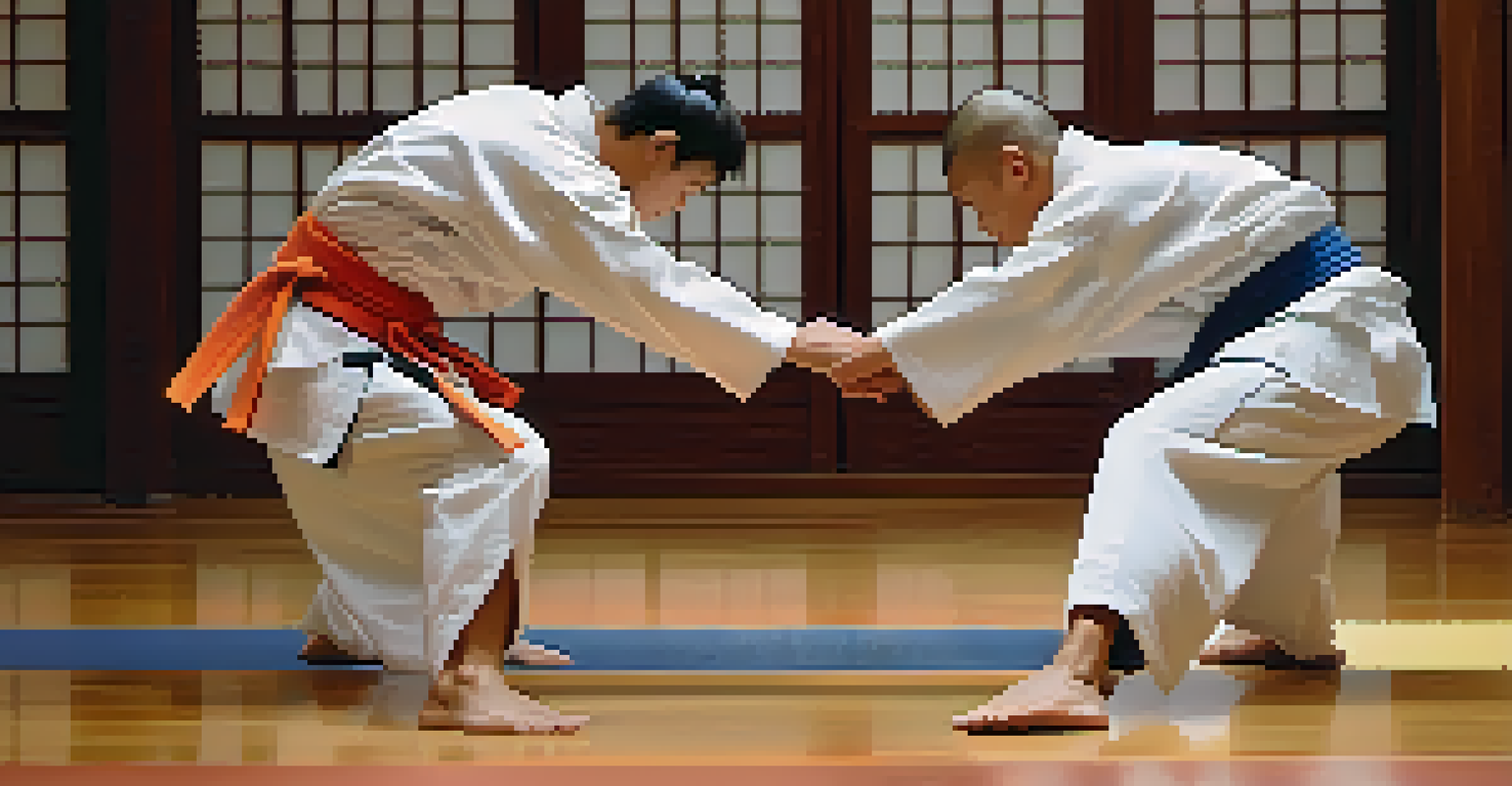 Two martial artists bowing respectfully to each other in a dojo, showcasing their colorful gis and focused expressions.