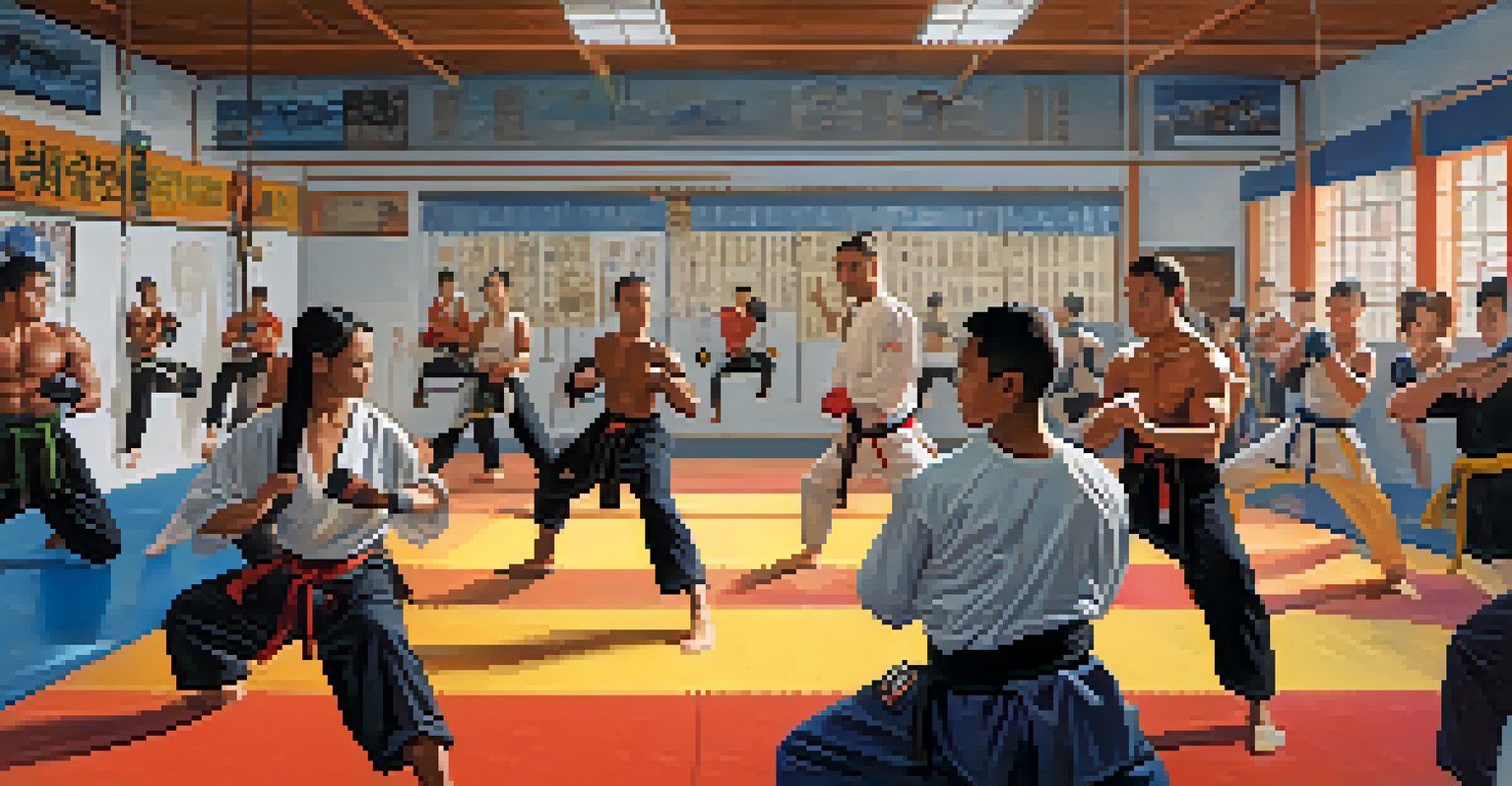 A diverse group of martial artists training in a bright gym, showcasing different styles and wearing colorful gis and belts.